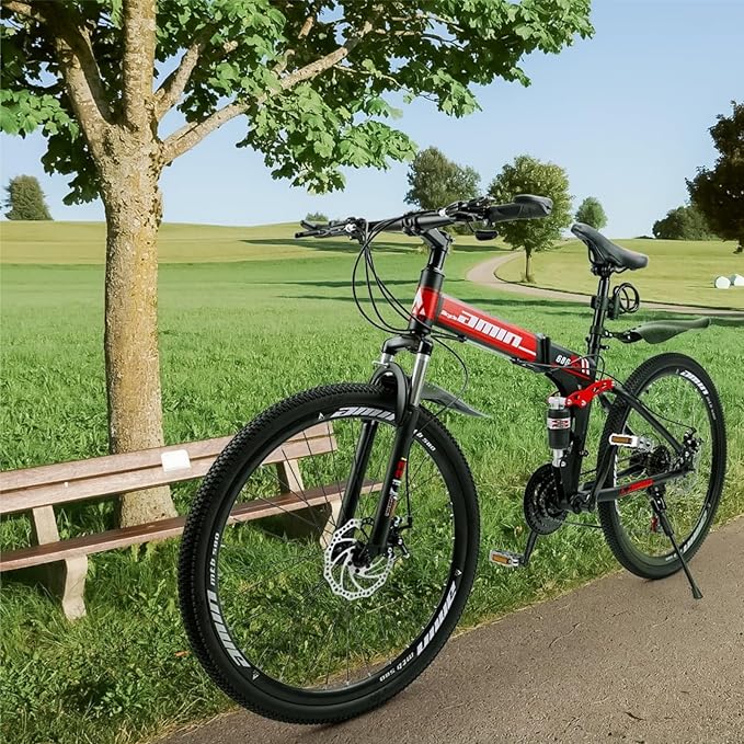 Bruce & Shark 26" Folding Mountain Bike for Men, 21 Speeds Full Suspension Commuter Bicycle, High Carbon Steel & Disc Brakes, Portable City Outdoor Bike for Adult Youth Teen