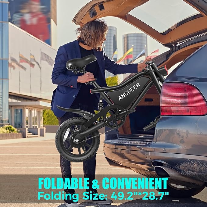 ANCHEER Folding Electric Bike for Adults, 374Wh Ebike, 20MPH Electric Bikes, 14" Foldable Electric Bicycle, 20-50 Miles Electric Bikes, E Bike, LCD Display, Dual Suspension, UL2849 Compliant