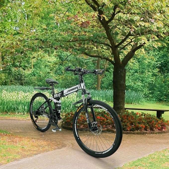 Bruce & Shark 26" Folding Mountain Bike for Men, 21 Speeds Full Suspension Commuter Bicycle, High Carbon Steel & Disc Brakes, Portable City Outdoor Bike for Adult Youth Teen