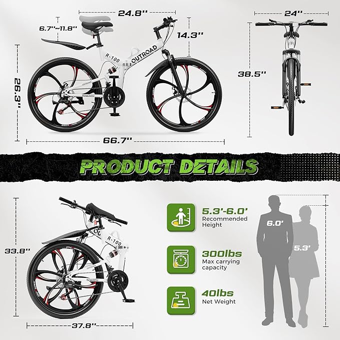 Betterland 26 Inch Adult Folding Mountain Bike, 21 Speeds Full Suspension Foldable Bikes, Dual Disc Brake, High Carbon Steel Frame Bicycle for Men Women