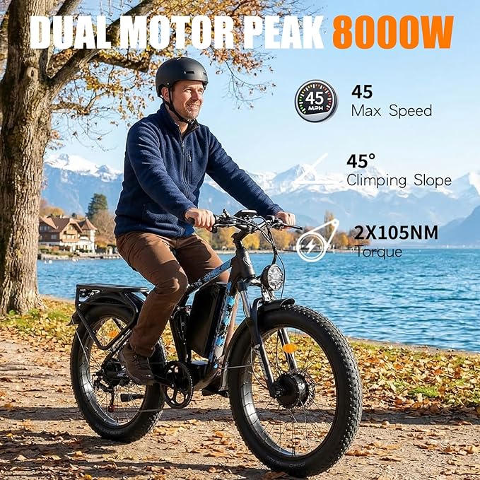 8000w Electric Bike for Adults, 60V 32Ah Battery Ebike, Fat Tire & Long Range Electric Bicycles, 210Nm Mountain Bike Full Suspension, Hydraulic Brake Electric Bicycle