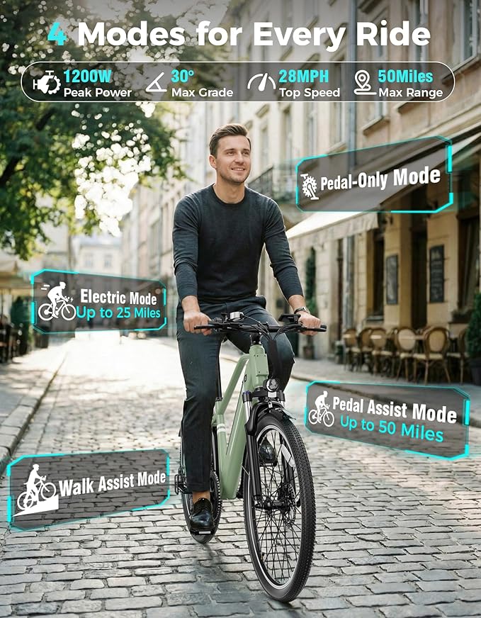 Jasion 26" Electric Bike for Adults, Internal Removable Battery Ebike with 3 Modes & 7-Speed, UL2849 Certified, 1200W Peak Motor, Max 28Mph & 50Miles, Shock Absorber, Electric City Commuter Bicycle