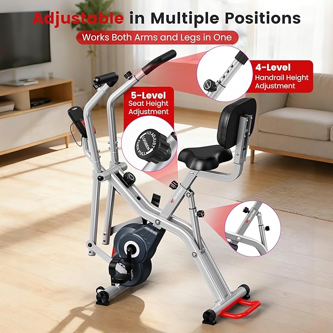 Foldable Exercise Bike, Multifunctional Indoor Stationary Bikes for Home with 8-Level Magnetic Resistance, Quiet Workout Bike with Arm Resistance Bands, LCD Monitor, 300LBS Capacity