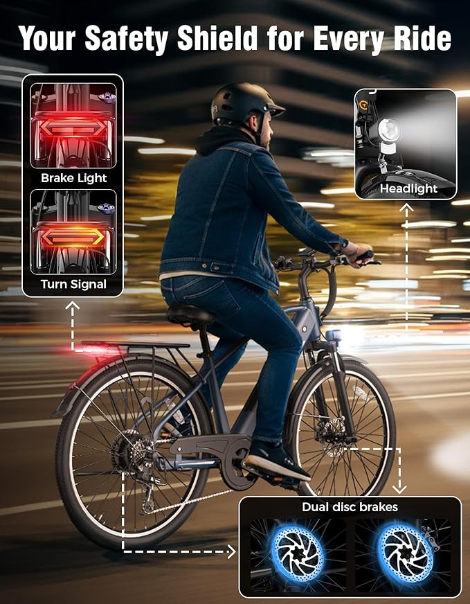 Jasion Roamer EBike for Commuting and Travel,1200W Peak Motor,28 MPH Max Speed,528WH Removable Battery Ebike, Front Suspension and 7-Speed Bicycle,Black,with Dual Disc Brake and Rear Basket