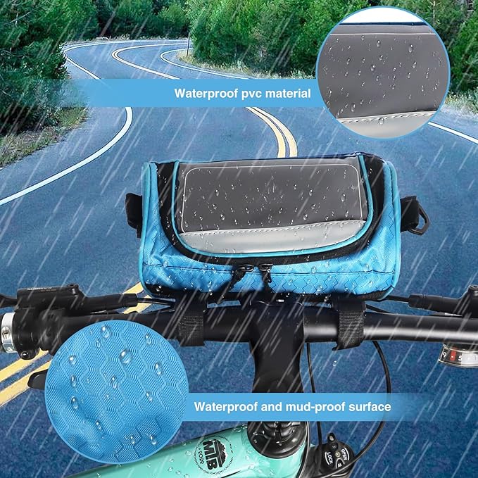 ZUKKA Bike Handlebar Bag Large-Capacity Adjustable Waterproof Front Handlebar Bags with Transparent Pouch Touch Screen for Bicycles Handlebar Women Men (Blue)