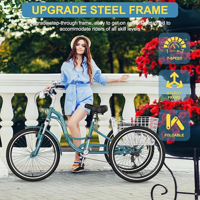 NAIZEA Folding Adult Tricycle - 7 Speed 20/24/26 Inch Folding Tricycle for Adult, 3 Wheel Bike, Foldable Trike with Large Basket/Low-Step Through for Men Women Senior