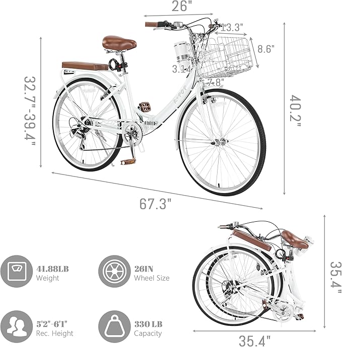 24/26 Inch Beach Cruiser Bike for Women Folding Bikes, 7-Speed Womens Bike with Basket and Coffee Cup, Womens Foldable Bicycle Commuter Bikes for Adults, Adjustable Seat & Dual V-Type Brakes