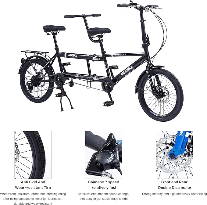 Foldable Tandem Bike, 20”City Tandem Folding Bicycle, 7-Speed Adjustable Cruiser Bike Folding Bike with 3 Seats& Disc Brake, CE FCC CCC