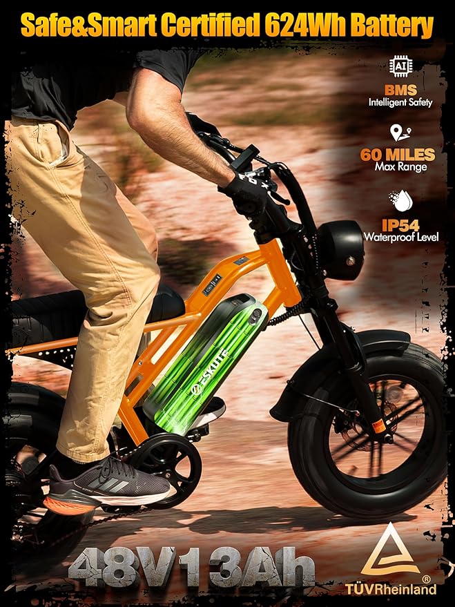 ESKUTE V100 Electric Bike for Adults, Electric Dirt Bike 1500W Peak Motor, All Terrain Dual Suspension E Bike 28MPH Top Speed, Ebike Up to 60 Miles Range, 16" Fat Tire, 48V13Ah Battery, 7-Speed