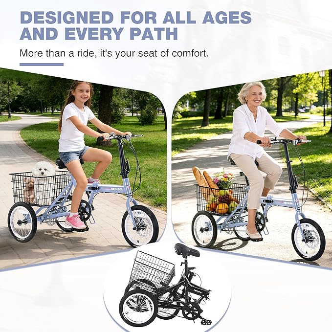 14 inch Folding Tricycle Dual Disc Brake Three Wheel Cruiser Bike Large Capacity for Adult