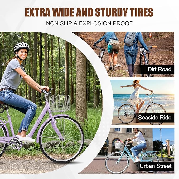 Foldable Cruiser Bike 7-Speed Cruiser Bike 26Inch Women Bicycle with Ergonomic Upright Frame, Effortless 7-Speed Shifting and Lightweight Design for Adult Men and Women