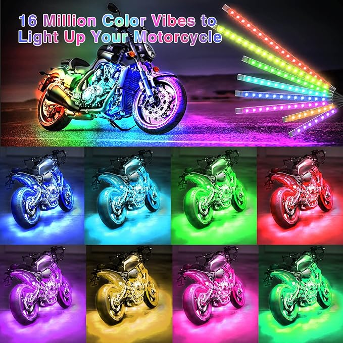 8PCS Motorcycle RGB LED Light Kits with APP/RF Remote, Multicolor Underglow Lights with Brake Turn Signal, 12V Waterproof Dual Zone Strip for Sport Bike, Cruiser, Street & Dirt Motorcycle