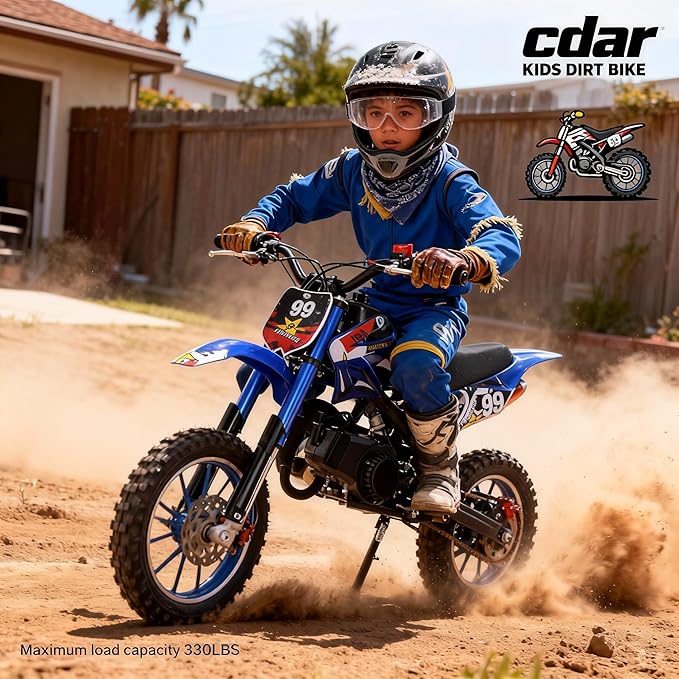49cc Kids Dirt Bike,2-Stroke Children Moto Gas Powered Motorcycle Off Road Mini Bike Beach Vehicle with Front Rear Disc Brakes Pull Start for Boys & Girls Ages 8-14 Gifts Blue