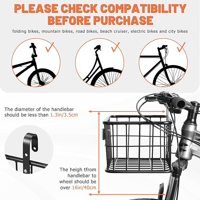 Bike Basket Front with Removable Liner Bag, Large Bicycle Front Basket for Men Women, Heavy Duty Metal Bike Cargo Basket for Adult Bikes, Ebike, Electric Bike, Mountain Bike, City Bike, Cruiser