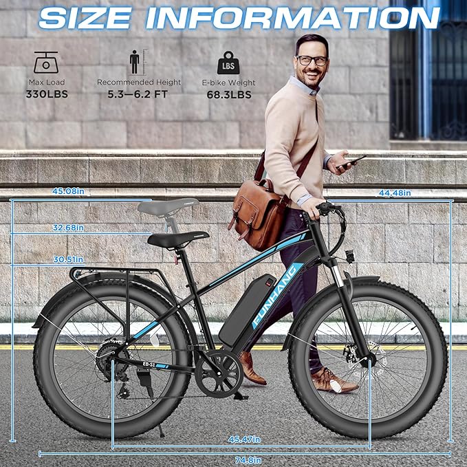 Electric Bike for Adults, 1000W Peak Ebike, 25MPH 60Miles Electric Mountain Bike, 26" Fat Tire Electric Bicycle with 48V 13AH Battery, Front Suspension,7 Speed, Rear Rack, UL 2849 Certified