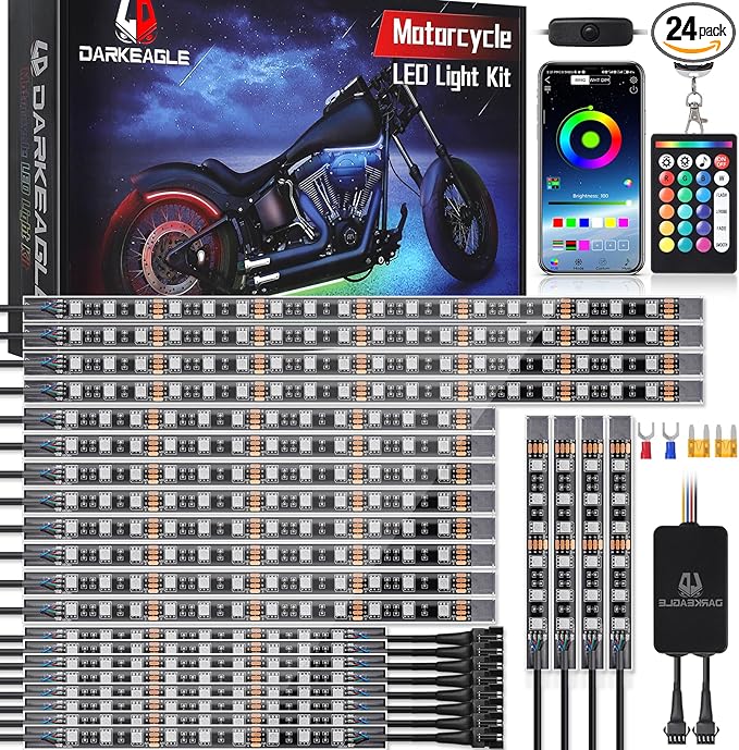 24PCS Motorcycle RGB LED Lights Kit with Brake Turn Signal, Motorcycle Underglow Lights with APP/RF Remote, Multicolor Dual Zone Neon Accent Waterproof 12V for Touring, Trike & Custom Show Motorcycle
