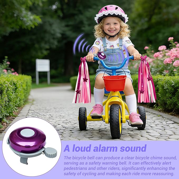 Classic Bike Bell and 1 Pair Colorful Bike Streamers Tassels, Aluminum Bicycle Bell Crisp Sound, Rainbow Tassel Ribbons for Girls Kids Adults Scooter Handlebar Bike Accessories