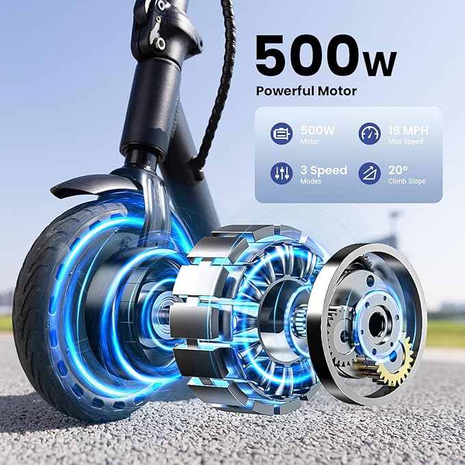 Electric Scooters - Electric Scooter for Adults, 500W Peak Motor, 18 Max MPH, 21 Miles Range, APP Control, Lightweight Foldable E-Scooter