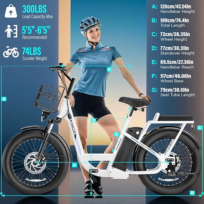 Caroma Peak 500W/800W/1200W Electric Scooter with Seat, 20" Fat Tire Electric Bike with 48V Removable Battery, Up to 30Miles & 20MPH, Adult Scooter for Commuting with Basket&Adjustable Seat