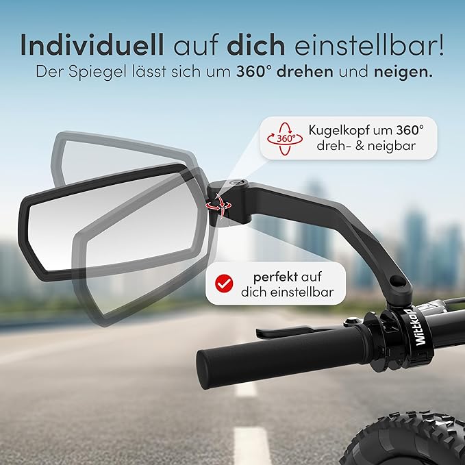 WITTKOP Bike mirror | Large HD field of vision | 360° rotatable & foldable | Mounting above & below | Break-proof & durable | ebike accessories, bike mirror handlebar mount, bicycle mirrors