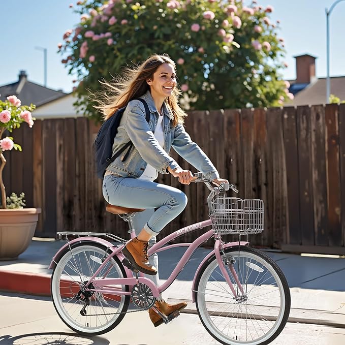 ACEGER 24 26 Inch Women Beach Cruiser Bike, Single Speed and 7 Speed, Adult Hybrid Bike Commuter Bicycle, Hi-Ten Steel Frame with Adjustable Handlebar and Saddle, Multiple Colors