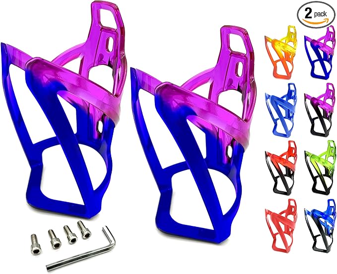 Revere Ultra-Light Bike Water Bottle Holder – Durable Bicycle Bottle Cage for Road, MTB, & Mountain Bikes – 2-Pack with Screws & Installation Tool – Premium Cycling Accessories (Purple/Blue)