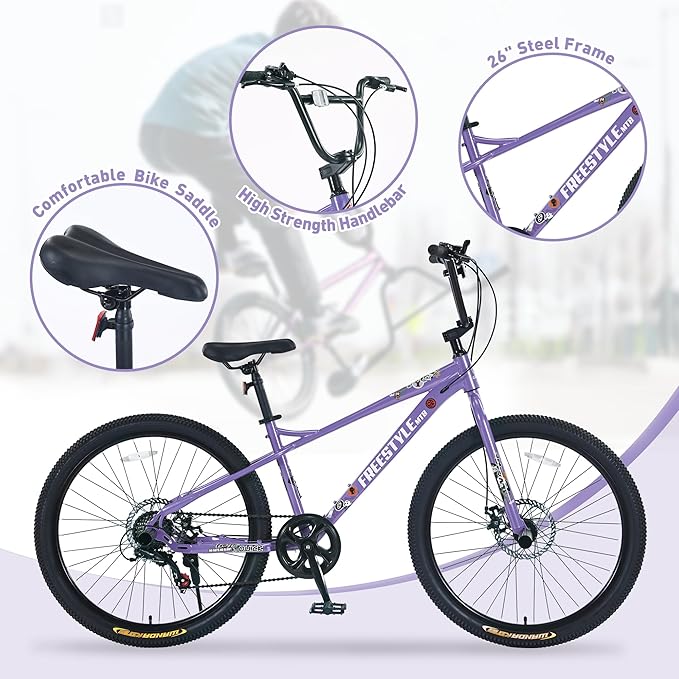 Freestyle Teen Bike Double Disc Brakes 26 inch BMX Bike High-Aluminum/Carbon Steel Frame, for for Teen Bike and Adult Bikes, with 2 Pegs, Bicycles for Men and Women, Multiple Colors