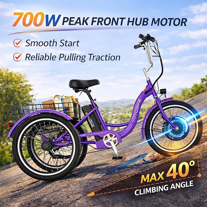 MOONCOOL MONCOOL Adult Electric Tricycle, 350W Front Drive Motor (Peak 700W), 15.5MPH E-Trike with Removable 36V 14.5Ah Battery, 60 Miles Range, 24/26 Inch 7-Speed 3 Wheel Electric Bike, Large Basket