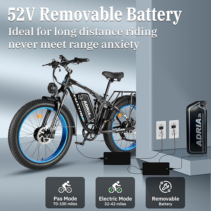 Tuttio Adria26 5000W/6000W Dual-Motor Ebike,40-46MPH Electric- Bike for Adults, 26 * 4" Fat Tire Electric Bicycle, 52V 25AH E-Bike Full Suspension Electric Dirt Bike for Off-Road Mountain Hunting