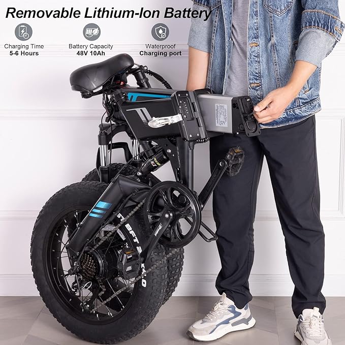 Wooken Electric Bike, 20''X4.0 Fat Tire Electric Bike for Adults,500W(Peak 750W) Foldable Electric Bike with 48V 10Ah Battery,Professional 7 Speed,Shock Absorber, 20MPH Ebike for Mountain Beach Snow