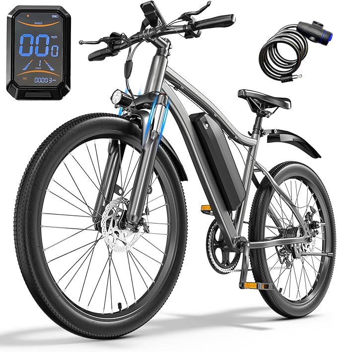 Electric Bike for Adults, 26" Commuter Ebikes with 7-Speed Gears, 25MPH Lightweight E Bike, 720W Peak Motor, 375Wh Removable Battery, 50 Miles Range, Electric Mountain Bicycles for All Terrain (Gray)