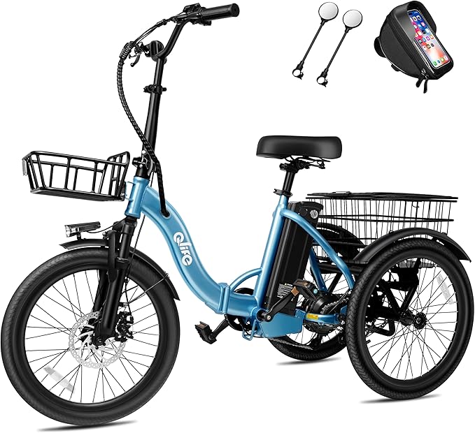 Qlife Triker Electric Bike, Peak 750W Brushless Motor Folding Trike Ebike, 468Wh Removable Battery, Step-Thru 3 Wheel Electric Bicycle, Up to 50 Miles, 20 Tire Tricycle for Adults