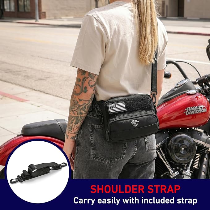 Nomad Motorcycle Handlebar Bag Universal Fit Bike Fork Bag Converts to Shoulder Carry Bag, Keys/Phone/Wallet Storage Tool Pouch w/Roll Bag Straps for Cruisers, Dirt Bike, Street Sportsbike (Black)
