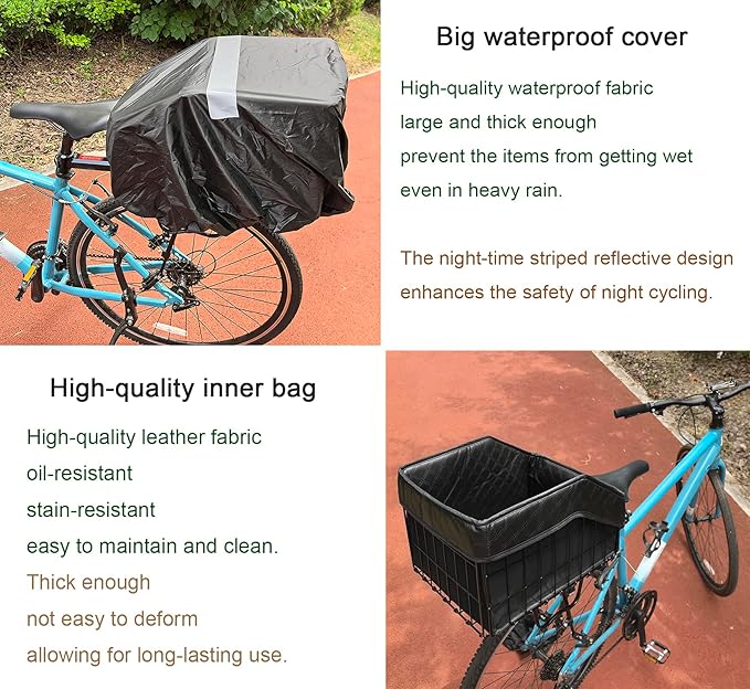 THALOUS Large Bike Rear Basket Thickened Folding Bicycle Basket with Leather Liner Bag Waterproof Cover Cargo Net Quick Release