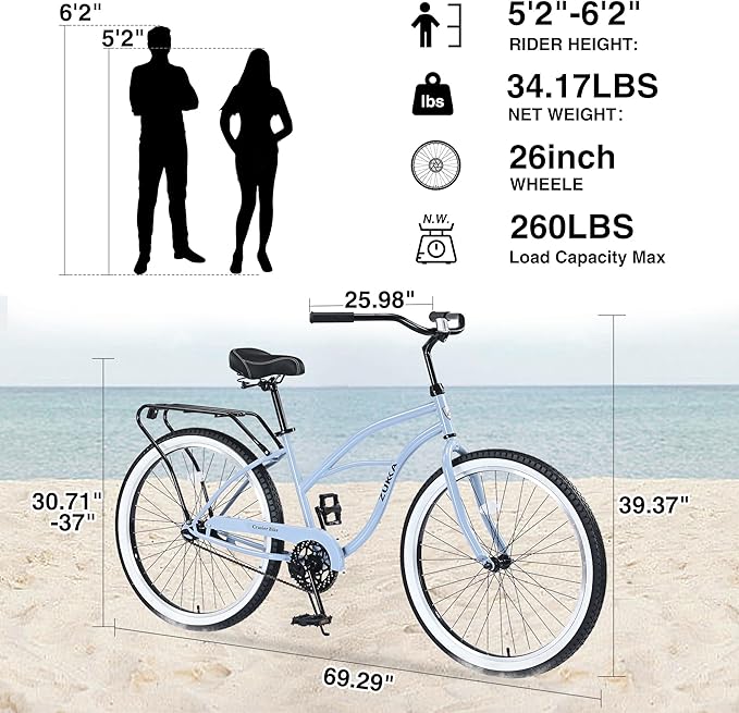 Multiple Colors Adult Beach Cruiser Bike, Single Speed Bicycles 26" Inch, Fixed Gear Bike, Wide Wheels for Stability, Rear Coaster Brakes, Multiple Speed Options