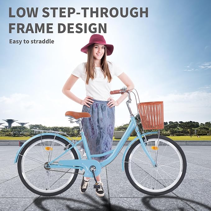 Adult Comfort Bike for Women, 24/26 Inch Women' Commuter Bicycle Single Speed with Rear Rack and Basket, Comfortable City Bikes Ergonomic Upright Design for Women, Men and Teens