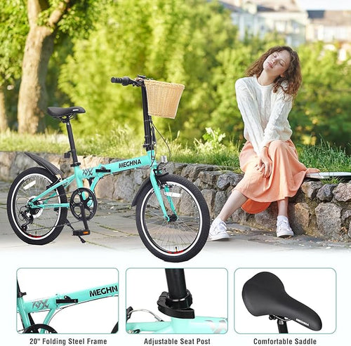 20 Inch for Adults with Basket, Phone Holder & Fenders, Steel Frame 6-Speed City Commuter, Dual V-Brake Portable Compact Bicycle for Men & Women