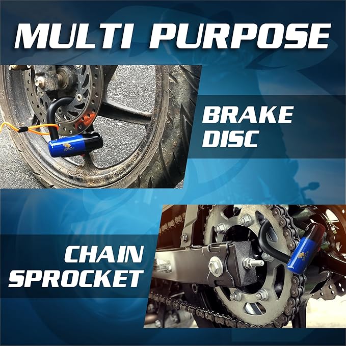 Anti Theft Motorcycle Disc Lock - Heavy Duty Bike Lock with Reminder Cable & Carry Pouch - Universal Fit Disc Brake Lock for Motorbikes, Scooters, and Mopeds (Blue)