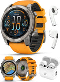 PlayBetter Garmin Fenix 8 AMOLED Sapphire (51mm, Titanium/Spark Orange) Multisport GPS Smartwatch Bundle - 1.4” Touchscreen, Built-in LED Flashlight Wireless Running Earbuds