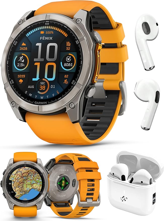 PlayBetter Garmin Fenix 8 AMOLED Sapphire (51mm, Titanium/Spark Orange) Multisport GPS Smartwatch Bundle - 1.4” Touchscreen, Built-in LED Flashlight Wireless Running Earbuds