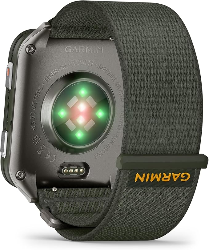Wearable4U Garmin Venu X1 Thin and Lightweight GPS Smartwatch, AMOLED Display, Moss with Titanium Caseback and Moss ComfortFit Nylon Band Black Earbuds Bundle