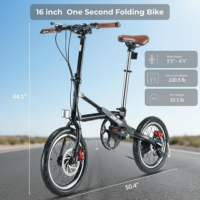 16 Inch Folding Bike for Adults, Instant 1-Second Fold Technology, Lightweight 33lbs Commuter Bicycle, 95% Pre-Assembled, 7-Speed Gear System, Ultimate Space-Saver Foldable Bike for City Travel