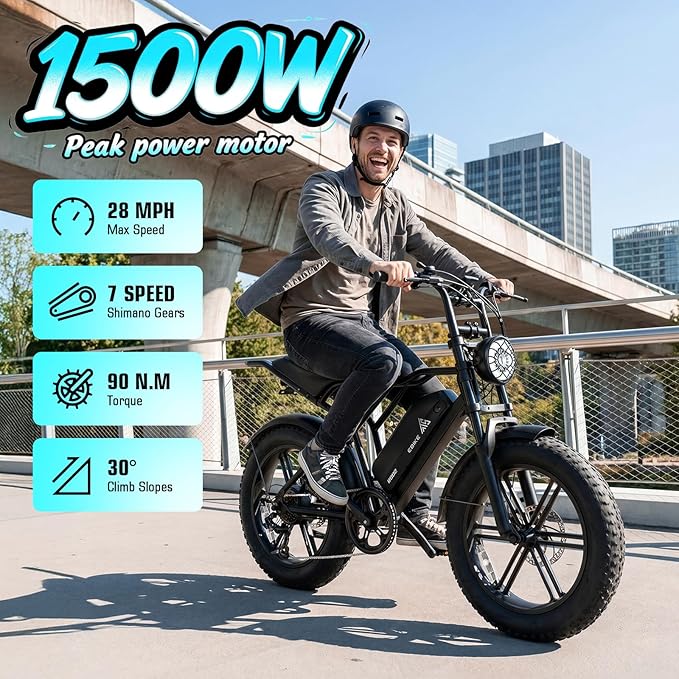 TST Electric Bike for Adults, 1500W Peak Motor 28 MPH 60/100 Miles Fat Tire Ebike with 48V 15Ah/25Ah Removable Battery 20" Electric Dirt Bike Full Suspension and 7-Speed