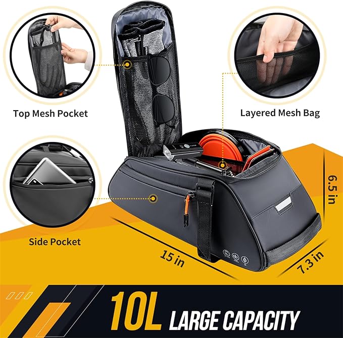 WOTOW Bike Rack Bag Waterproof - 10L Large Capacity Bike Trunk Bag, Reflective Bicycle Saddle Panniers, Cycling Bag Back Seat Storage Cargo Carrier Pouch with Shoulder Strap & Hook (10L)