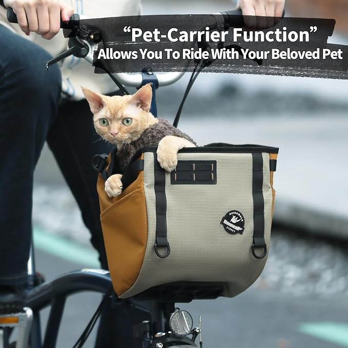 Rhinowalk Bike Basket Bag for Brompton Folding Bike, 17L Waterproof Bike Carrier with Quick Release Mount, Laptop Pocket & Pet Friendly Bicycle Basket (Khaki, 17L)