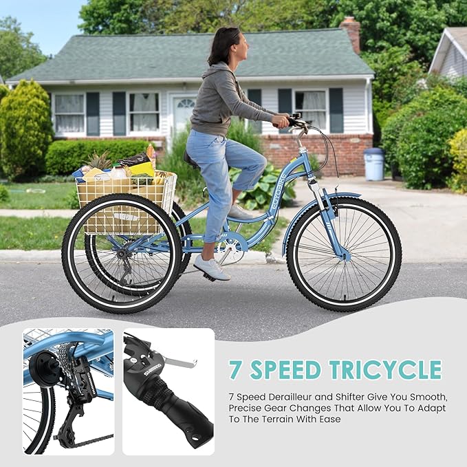 LILYPELLE Adult Folding Tricycles, 7 Speed Folding Adult Trikes, 20/24/26 inch 3 Wheels Bikes with Low Step-Through, Large Basket, Foldable Tricycle for Adults, Women, Men, Seniors