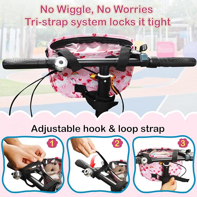 Kids Bike Basket Bag, Waterproof Bicycle Basket Pouch for Girls Boys 6-10, Children's Front Handlebar Bag with Reflective Safety Strap & Detachable Shoulder Strip, Fit Toddlers Bikes Tricycle Scooter