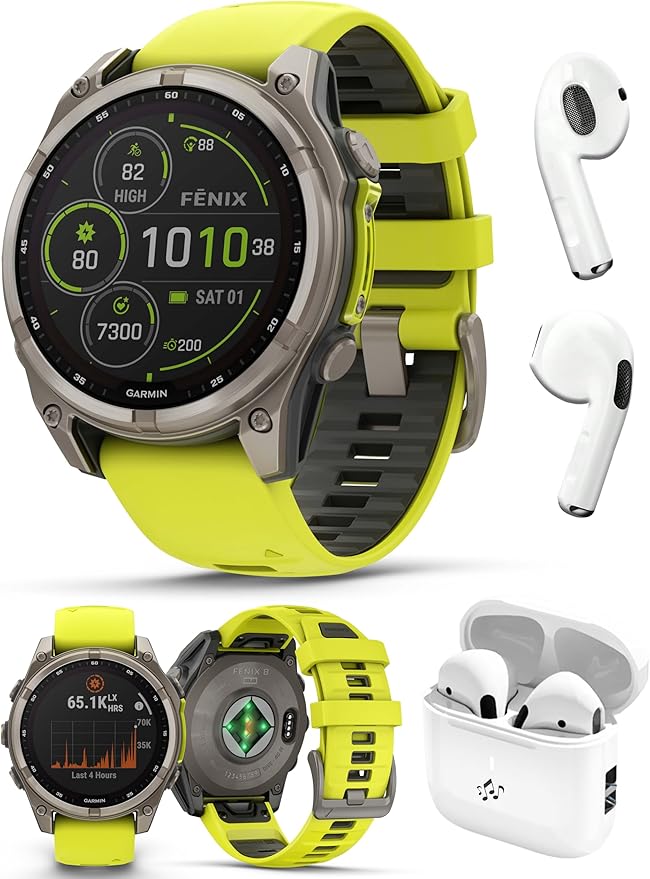 PlayBetter Garmin Fenix 8 Solar Sapphire (47mm, Titanium/Amp Yellow) Multisport GPS Smartwatch Bundle - 1.4” Touchscreen, Built-in LED Flashlight Wireless Running Earbuds