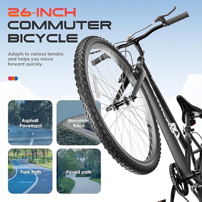 26 inch 7-Speed Commuter Bicycle,Men's Cruiser Bike/Mountain Bike/Hybrid Bicycle,V Brake,Metal Frame, Adult Bike (Black, White, Blue, Green, Purple, Pink)