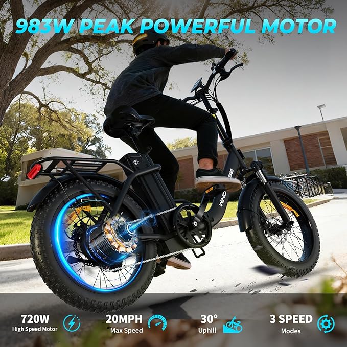WINDHORSE 20" Foldable Electric Bike, 983W Peak Motor, 20MPH, 40–70 Miles, 48V 748.8Wh Removable UL Battery, Front Suspension, Fat Tire E-Bike for Commuting, Beach, All -Terrain | Adults & Teens